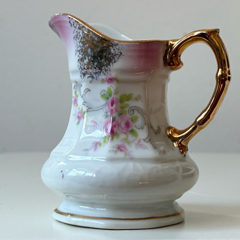 Antique Lefton China Creamer mini Porcelain Pitcher with Gold Handle
